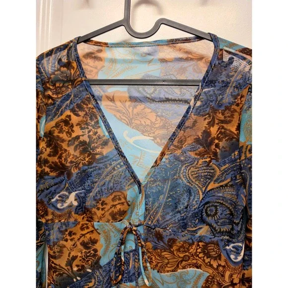 Vintage Blue Brown Paisley Sheer Mesh Tie Front V-Neck Long Sleeve Fairy Boho - Picture 2 of 9
